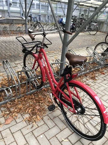 A red bicycle parked at Amsterdam Science Park